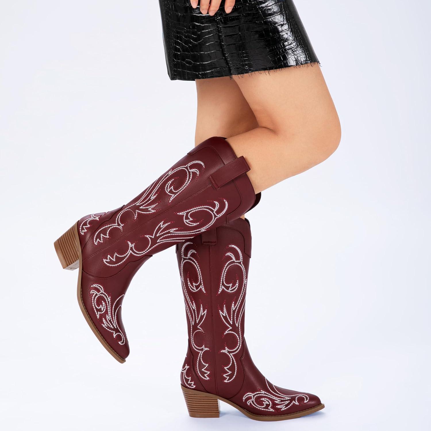 imageAthlefit Cowboy Boots for Women Western Cowgirl Boots Fashion Embroidered Pointed Toe Chunky Heel Mid Calf BootsRed