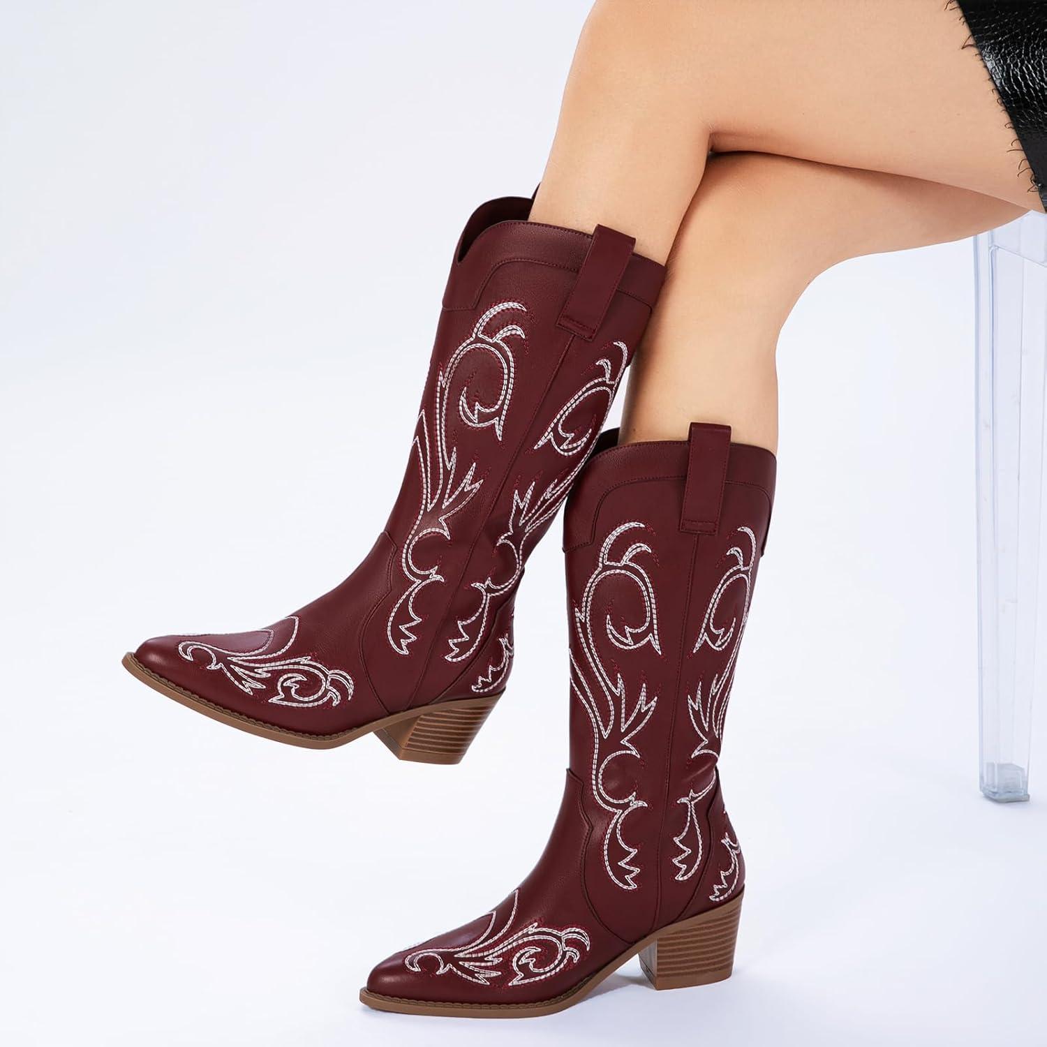 imageAthlefit Cowboy Boots for Women Western Cowgirl Boots Fashion Embroidered Pointed Toe Chunky Heel Mid Calf BootsRed