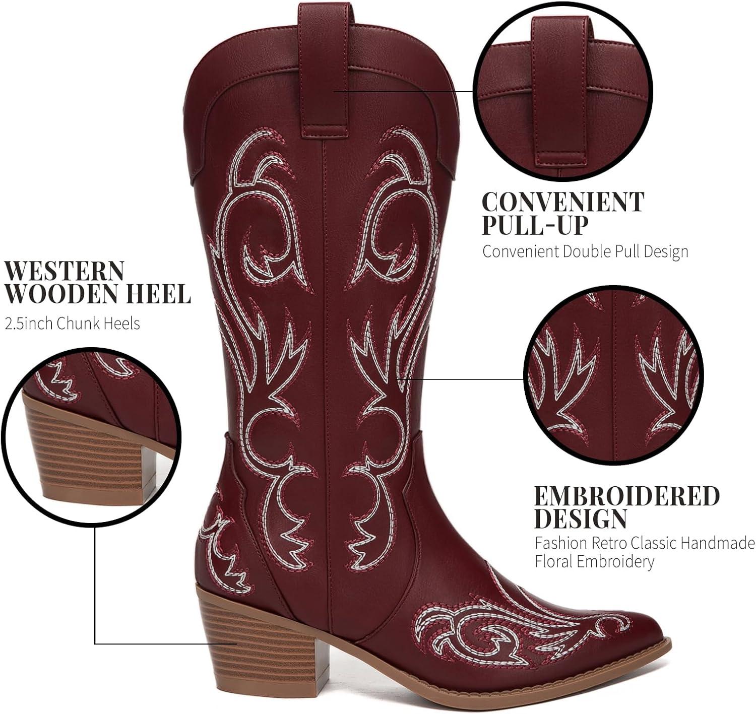 imageAthlefit Cowboy Boots for Women Western Cowgirl Boots Fashion Embroidered Pointed Toe Chunky Heel Mid Calf BootsRed
