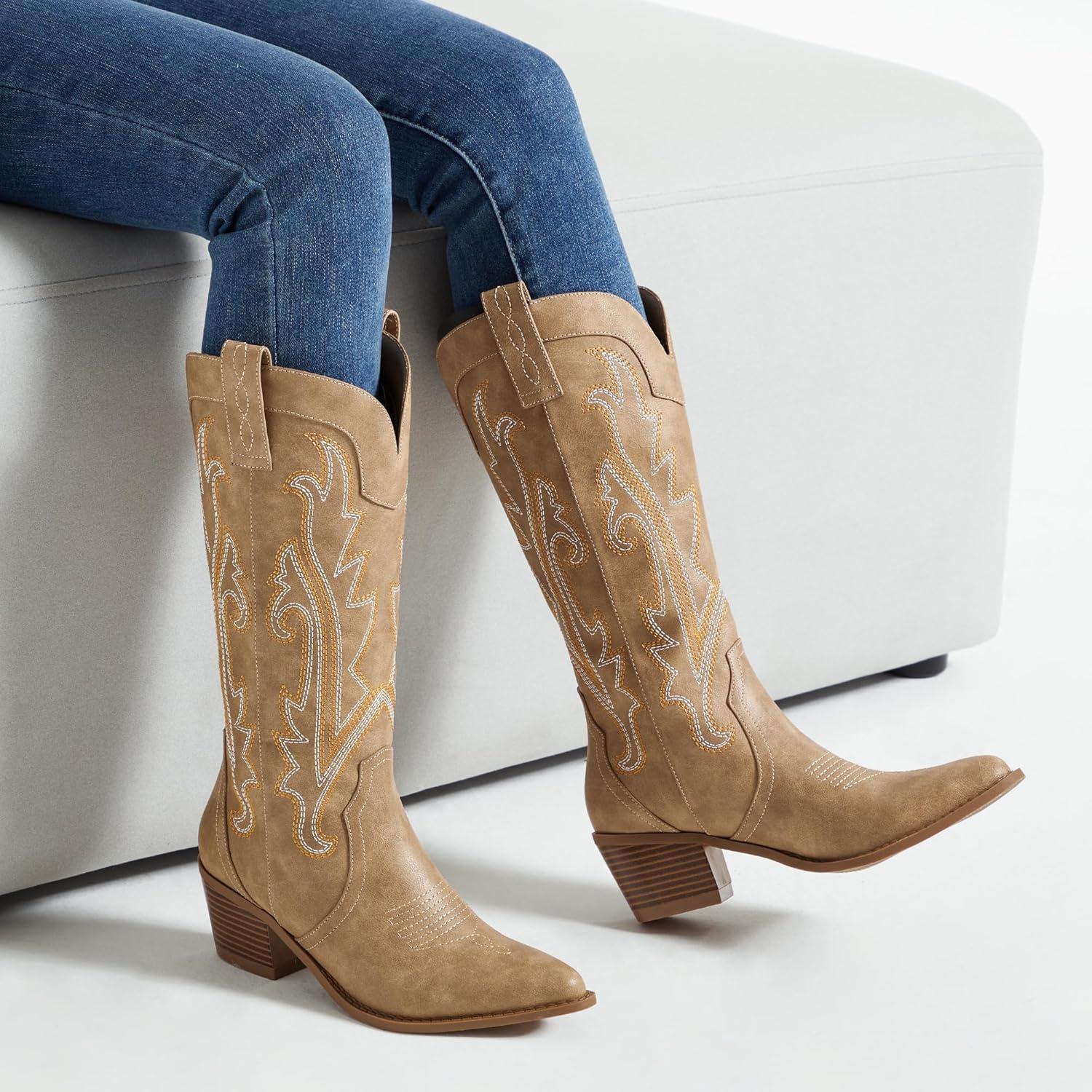 imageAthlefit Cowboy Boots for Women Western Cowgirl Boots Fashion Embroidered Pointed Toe Chunky Heel Mid Calf BootsTan