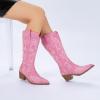 imageAthlefit Cowboy Boots for Women Western Cowgirl Boots Fashion Embroidered Pointed Toe Chunky Heel Mid Calf BootsPink