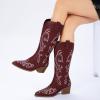 imageAthlefit Cowboy Boots for Women Western Cowgirl Boots Fashion Embroidered Pointed Toe Chunky Heel Mid Calf BootsRed