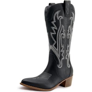 imageAthlefit Cowboy Boots for Women Western Cowgirl Boots Fashion Embroidered Pointed Toe Chunky Heel Mid Calf BootsBlack