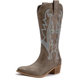 imageAthlefit Cowboy Boots for Women Western Cowgirl Boots Fashion Embroidered Pointed Toe Chunky Heel Mid Calf BootsBrown