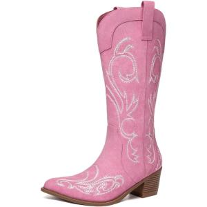 imageAthlefit Cowboy Boots for Women Western Cowgirl Boots Fashion Embroidered Pointed Toe Chunky Heel Mid Calf BootsPink