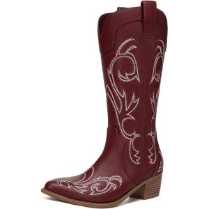 imageAthlefit Cowboy Boots for Women Western Cowgirl Boots Fashion Embroidered Pointed Toe Chunky Heel Mid Calf BootsRed
