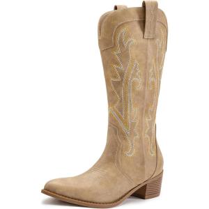 imageAthlefit Cowboy Boots for Women Western Cowgirl Boots Fashion Embroidered Pointed Toe Chunky Heel Mid Calf BootsTan