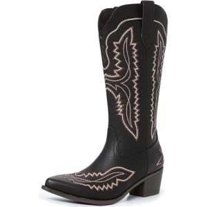 imageAthlefit Cowboy Boots for Women Western Cowgirl Square Toe boots Embroidery Chunky Heel MidCalf BootsBlack