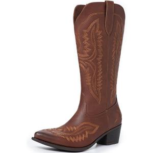 imageAthlefit Cowboy Boots for Women Western Cowgirl Square Toe boots Embroidery Chunky Heel MidCalf BootsBrown
