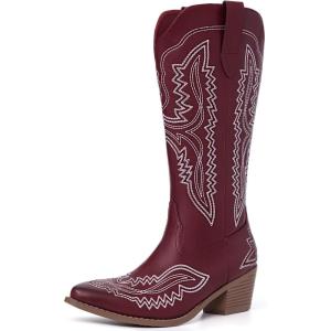 imageAthlefit Cowboy Boots for Women Western Cowgirl Square Toe boots Embroidery Chunky Heel MidCalf BootsRed