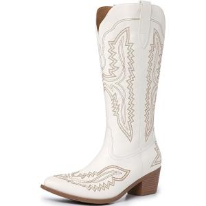 imageAthlefit Cowboy Boots for Women Western Cowgirl Square Toe boots Embroidery Chunky Heel MidCalf BootsWhite