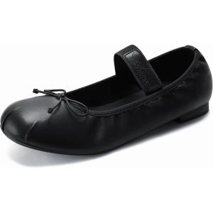 imageAthlefit Ballet Flats Shoes for Women Mary Jane Flats Bow Dressy Comfortable Round Toe Slip On Ballerina Flat ShoesBlack Pu