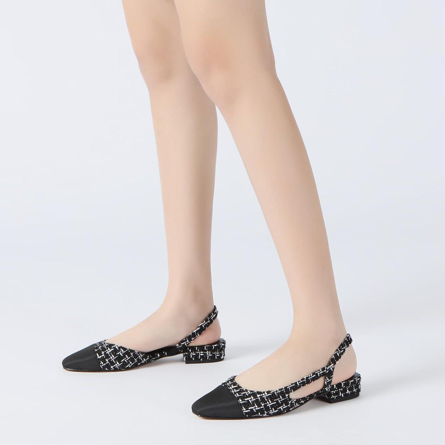 imageAthlefit Slingback Flats for Women Square Pointed Toe Two Toned Flats Wedding Pumps for WomenBlack White Thread