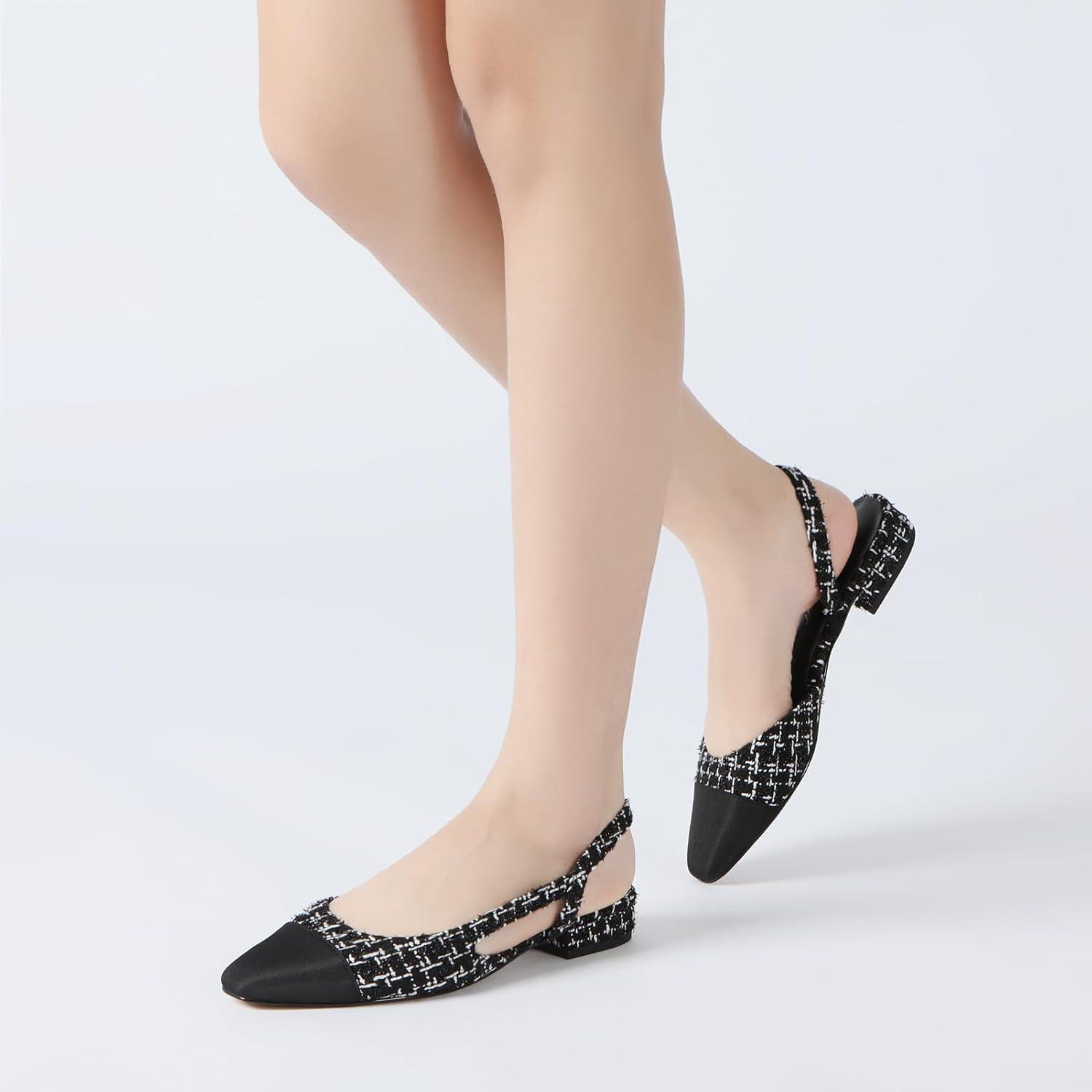 imageAthlefit Slingback Flats for Women Square Pointed Toe Two Toned Flats Wedding Pumps for WomenBlack White Thread