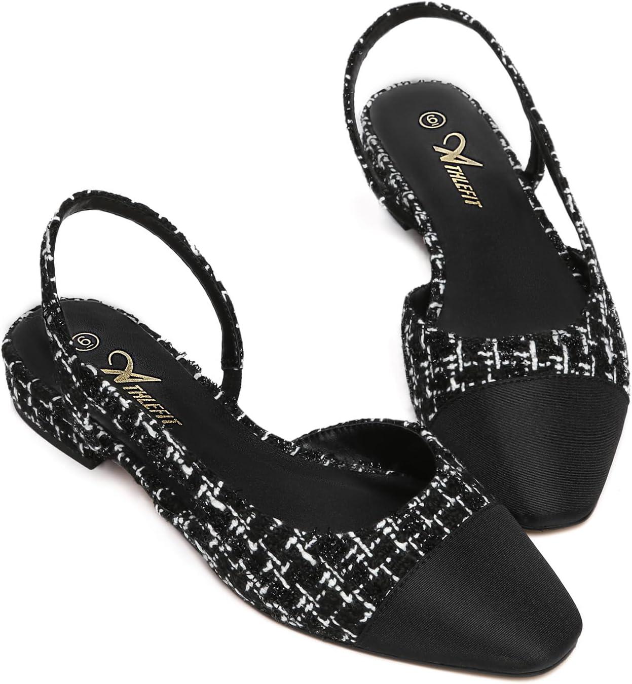 imageAthlefit Slingback Flats for Women Square Pointed Toe Two Toned Flats Wedding Pumps for WomenBlack White Thread