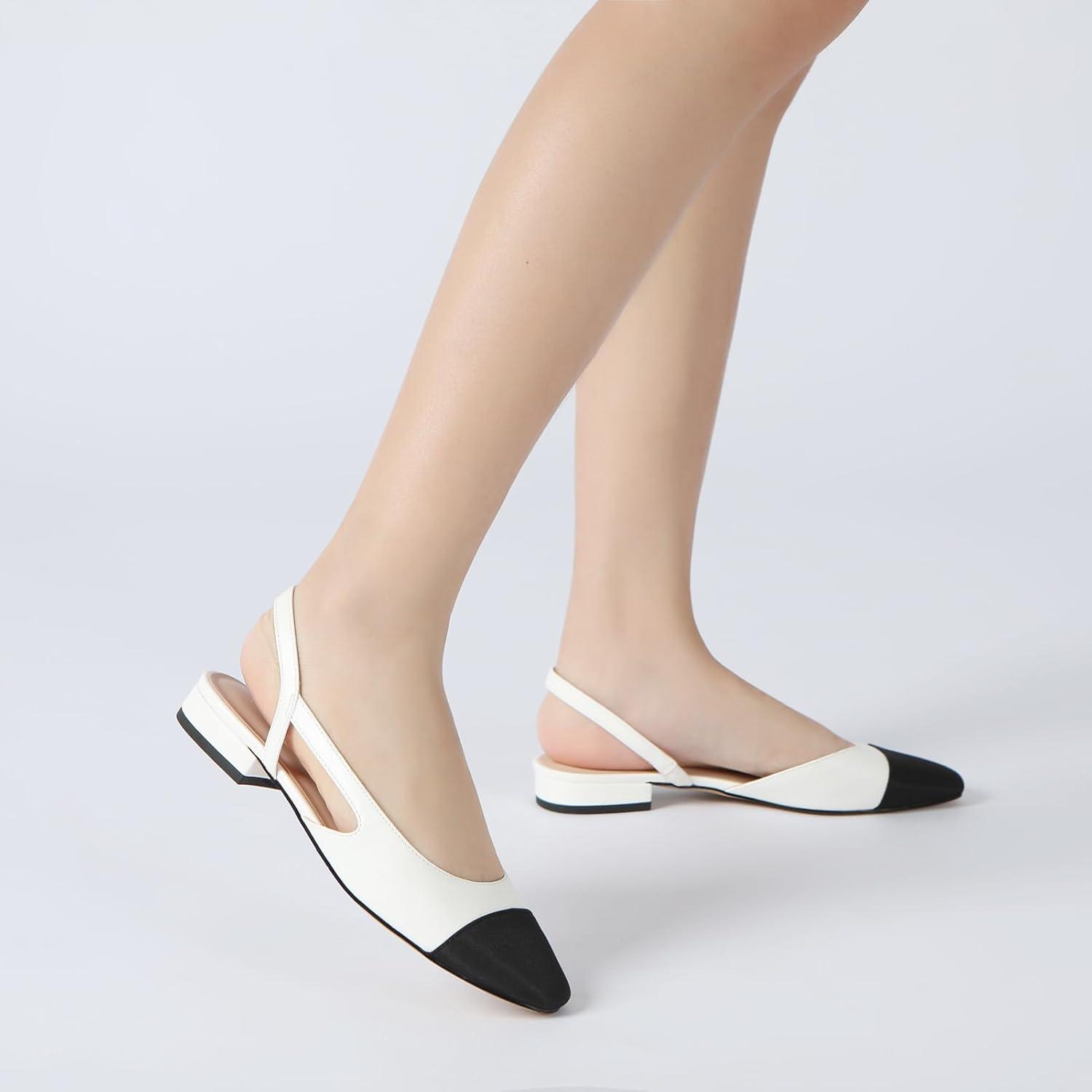 imageAthlefit Slingback Flats for Women Square Pointed Toe Two Toned Flats Wedding Pumps for WomenWhite