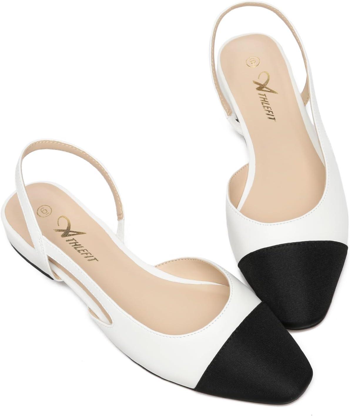 imageAthlefit Slingback Flats for Women Square Pointed Toe Two Toned Flats Wedding Pumps for WomenWhite