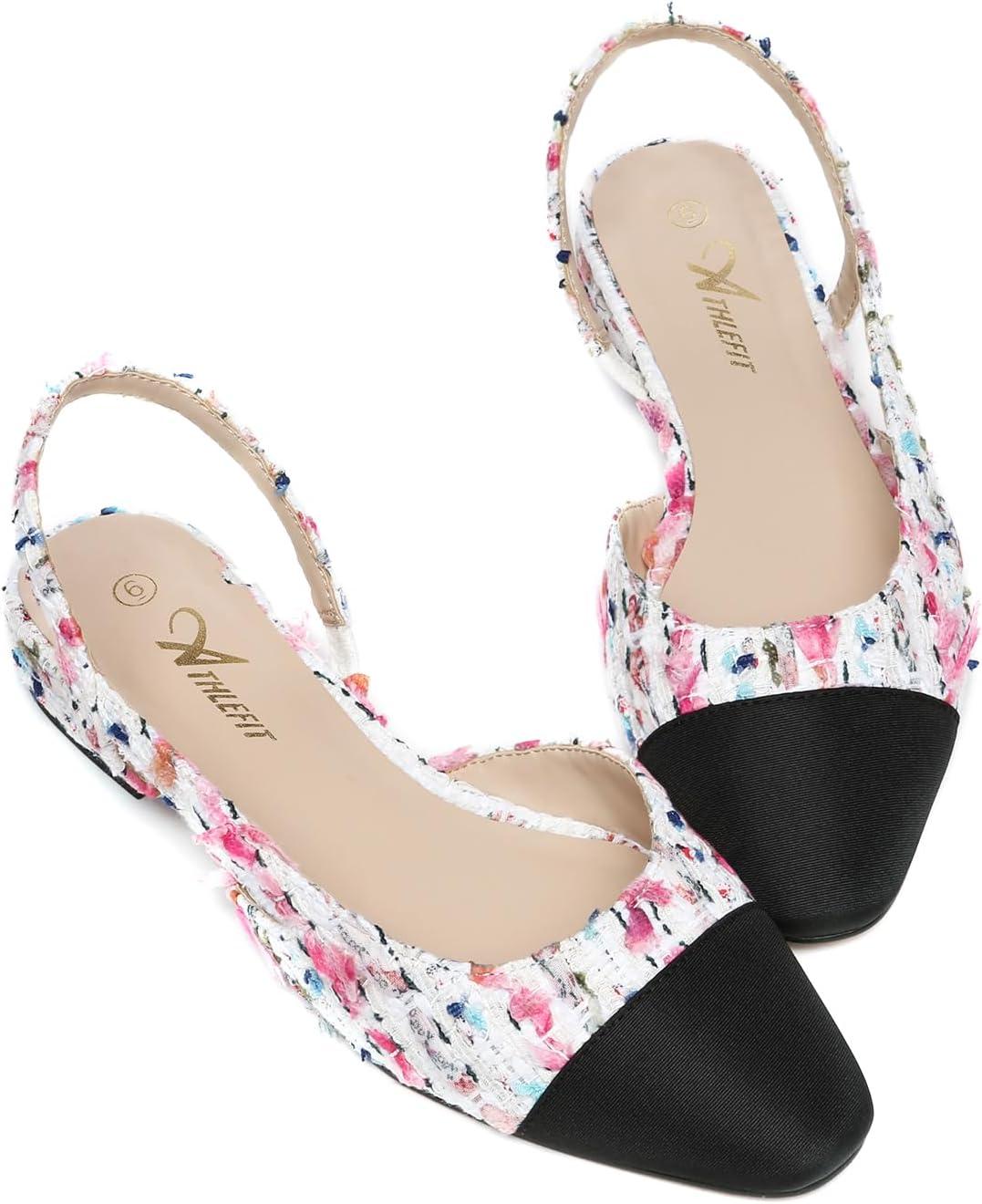 imageAthlefit Slingback Flats for Women Square Pointed Toe Two Toned Flats Wedding Pumps for WomenWhite Multi