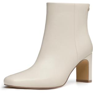 imageAthlefit Womens Ankle Boots Fashion Square Toe Chunky Heeled Short Boots with Side ZipperBeige