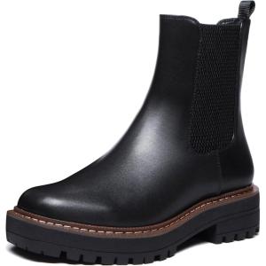 imageAthlefit Womens Chelsea Ankle Boots Platform Slip On Chunky Heel Lug Sole Leather BootiesBlack
