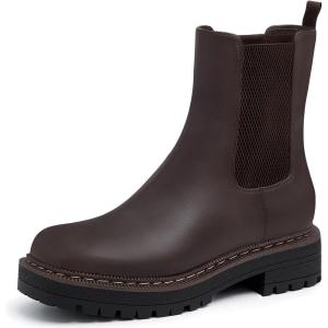 imageAthlefit Womens Chelsea Ankle Boots Platform Slip On Chunky Heel Lug Sole Leather BootiesDark Brown