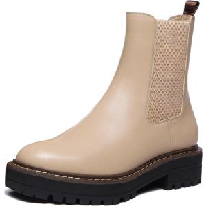 imageAthlefit Womens Chelsea Ankle Boots Platform Slip On Chunky Heel Lug Sole Leather BootiesKhaki