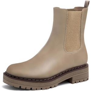 imageAthlefit Womens Chelsea Ankle Boots Platform Slip On Chunky Heel Lug Sole Leather BootiesLight Khaki