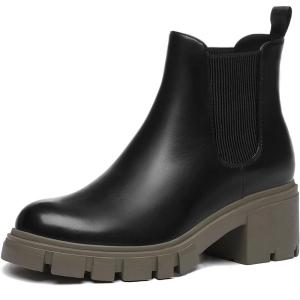 imageAthlefit Womens Chelsea Boots Fashion Lug Sole Chunky Heel Slip on Elastic Ankle BootiesCool Black