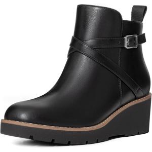 imageAthlefit Womens Wedge Ankle Boots Fashion Platform Lug Sole Buckle Short Booties with Side ZipperBlack