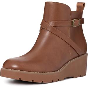 imageAthlefit Womens Wedge Ankle Boots Fashion Platform Lug Sole Buckle Short Booties with Side ZipperBrown