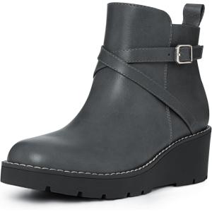 imageAthlefit Womens Wedge Ankle Boots Fashion Platform Lug Sole Buckle Short Booties with Side ZipperGrey