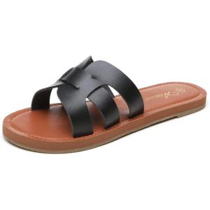 imageAthlefit Womens Flat Sandals Summer Casual Slip On Leather Slide SandalBlack