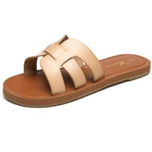imageAthlefit Womens Flat Sandals Summer Casual Slip On Leather Slide SandalKhaki