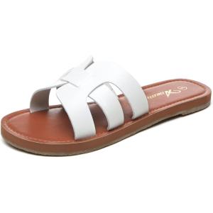 imageAthlefit Womens Flat Sandals Summer Casual Slip On Leather Slide SandalWhite
