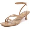 imageAthlefit Womens Strappy Kitten Heels Square Toe Flip Flops Low Heels Ankle Strap Party Dress Thong Heeled SandalsCamel