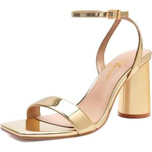 imageAthlefit Chunky Heels for Women Block Heeled Sandals Square Toe Ankle Strap Fashion High Heels for PromGold