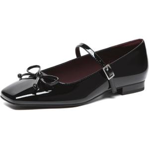 imageAthlefit Womens Mary Jane Flats Dressy Comfortable Square Toe Ballet Flats Shoes with Buckle StrapBlack