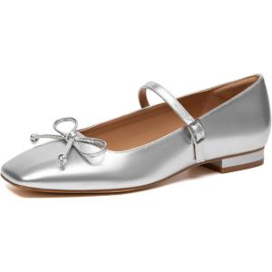 imageAthlefit Womens Mary Jane Flats Dressy Comfortable Square Toe Ballet Flats Shoes with Buckle StrapSilver