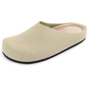 imageAthlefit Womens Slip On Suede Clogs Comfortable Cork Footbed Mules Shoes with Arch Support for Nurse Work Outdoor TravelBeige