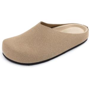 imageAthlefit Womens Slip On Suede Clogs Comfortable Cork Footbed Mules Shoes with Arch Support for Nurse Work Outdoor TravelBrown