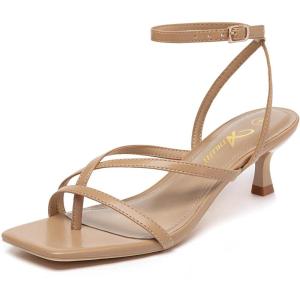 imageAthlefit Womens Strappy Kitten Heels Square Toe Flip Flops Low Heels Ankle Strap Party Dress Thong Heeled SandalsCamel