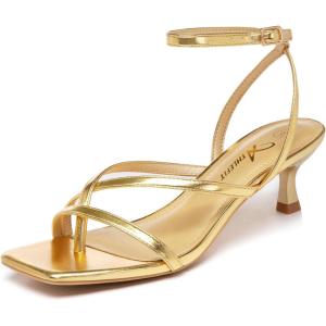 imageAthlefit Womens Strappy Kitten Heels Square Toe Flip Flops Low Heels Ankle Strap Party Dress Thong Heeled SandalsGold
