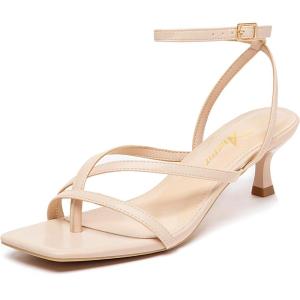imageAthlefit Womens Strappy Kitten Heels Square Toe Flip Flops Low Heels Ankle Strap Party Dress Thong Heeled SandalsNude