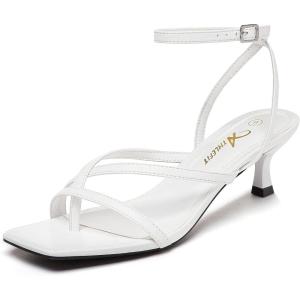 imageAthlefit Womens Strappy Kitten Heels Square Toe Flip Flops Low Heels Ankle Strap Party Dress Thong Heeled SandalsWhite