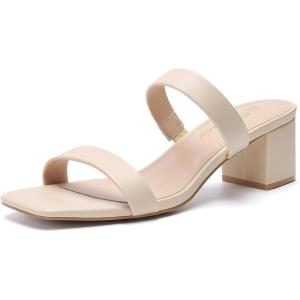 imageAthlefit Womens Two Strap Open Toe Heels Sandals Chunky Block Comfortable Slip On Low Heel Dress ShoesApricot