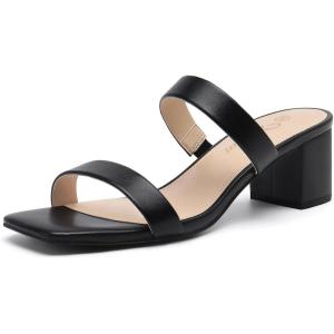imageAthlefit Womens Two Strap Open Toe Heels Sandals Chunky Block Comfortable Slip On Low Heel Dress ShoesBlack