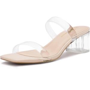 imageAthlefit Womens Two Strap Open Toe Heels Sandals Chunky Block Comfortable Slip On Low Heel Dress ShoesClear