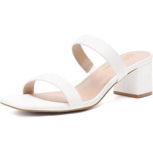 imageAthlefit Womens Two Strap Open Toe Heels Sandals Chunky Block Comfortable Slip On Low Heel Dress ShoesWhite