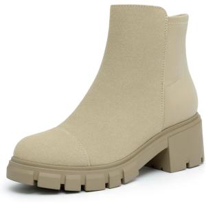 imageAthlefit Womens Chunky Heel Ankle Boots Platform Lug Sole Elastic Chelsea Short Booties WIth Side ZipperAprico