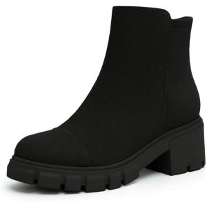 imageAthlefit Womens Chunky Heel Ankle Boots Platform Lug Sole Elastic Chelsea Short Booties WIth Side ZipperBlack